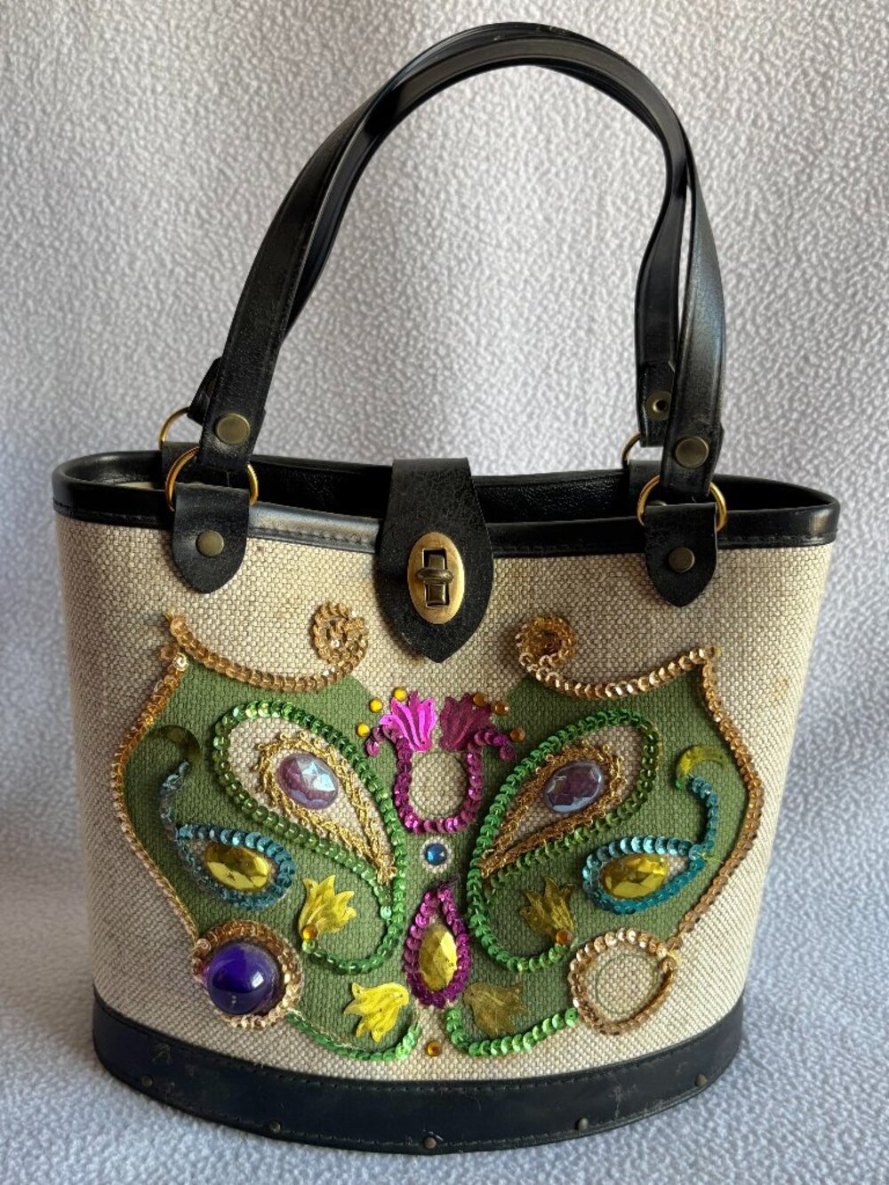 Vintage Beaded Sequined Beaded Canvas Tote Purse As Is
